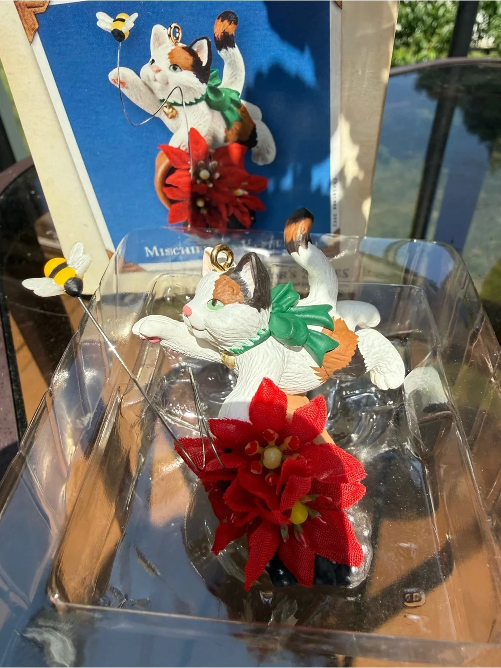 Hallmark White Cat Ornament with Red Poinsettia and Green Bow